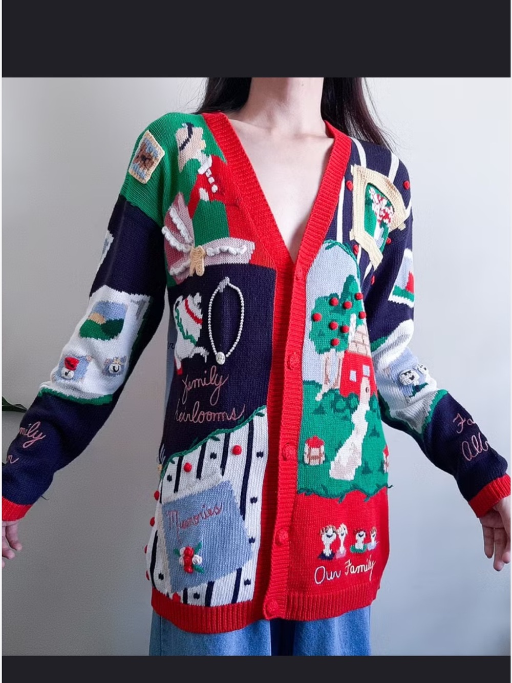 Vintage Eagles Eye Red & Navy Family Heirlooms Cardigan sweater XL